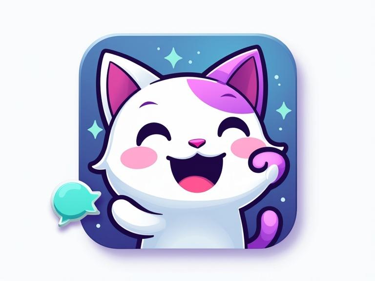 Design a logo for Kiki The Translator. Character inspired by the name Kiki. A playful and cute cat with a speech bubble. Use bold colors like purple, white, and teal. Include Discord motifs and dynamic shapes. Logo should be recognizable for app and server icons.