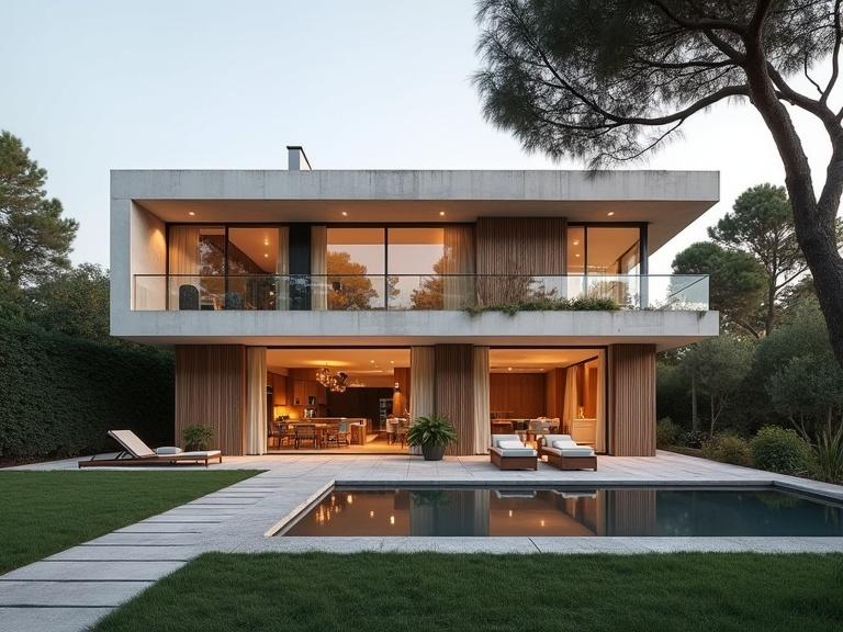 A modern elegant house with large windows. Surrounding symbols of clean air and renewable energy. Bright and welcoming atmosphere.