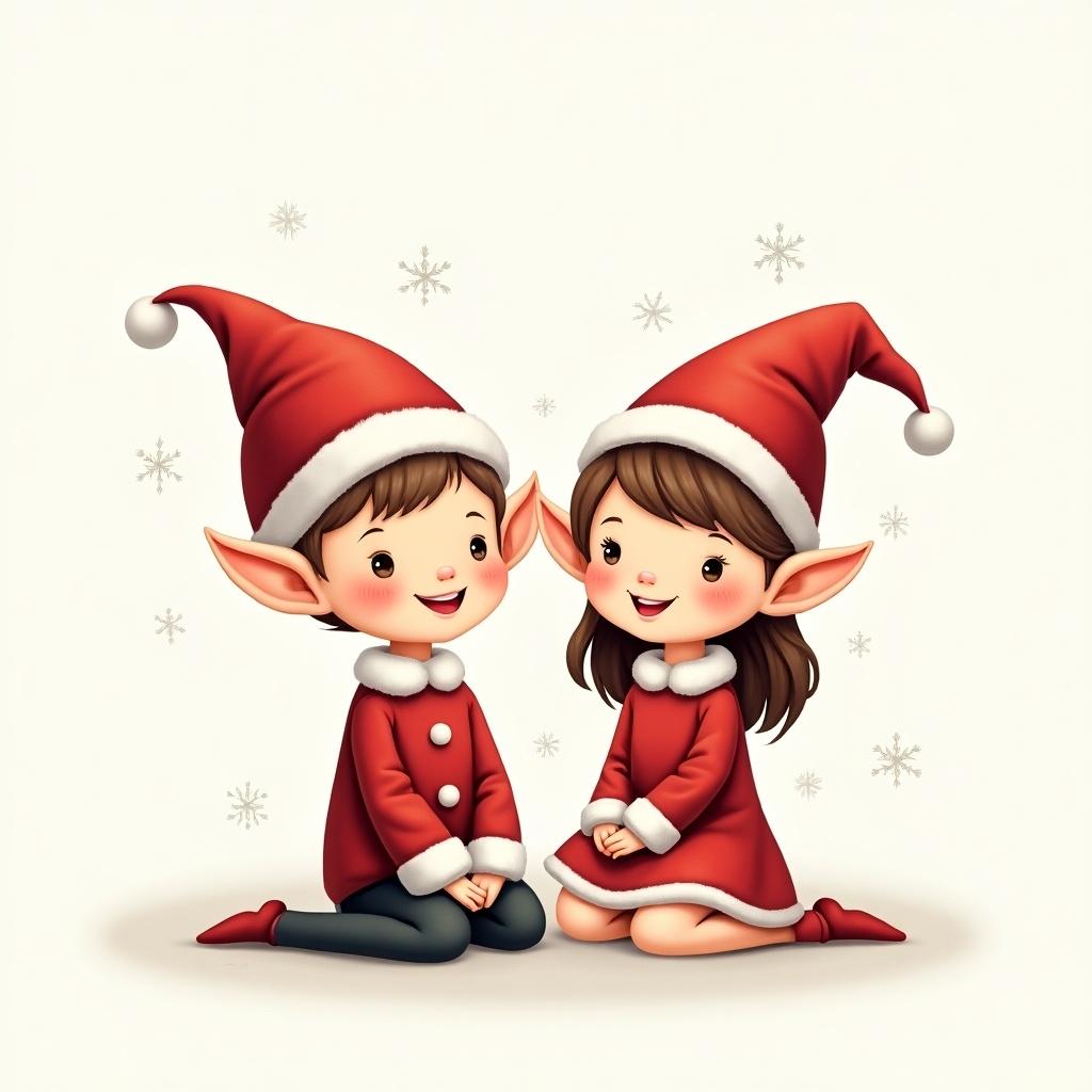 Generate a picture of two adorable elves wearing red and white outfits with pointed hats. They sit on the ground smiling. The background features falling snowflakes. The style is playful and cartoonish.