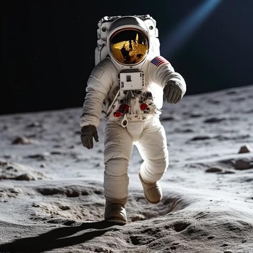 Astronaut moves gracefully with one foot lifted in moon's low gravity. Arms extended in a rhythmic pose, kicking up moon dust that sparkles in the light. Gold visor reflects space, creating rippled imagery. Earth is low on the horizon with a faint backdrop of stars. Spacesuit details include scratches and dirt, emphasizing wear. Captures the essence of space movement and the absence of sound.