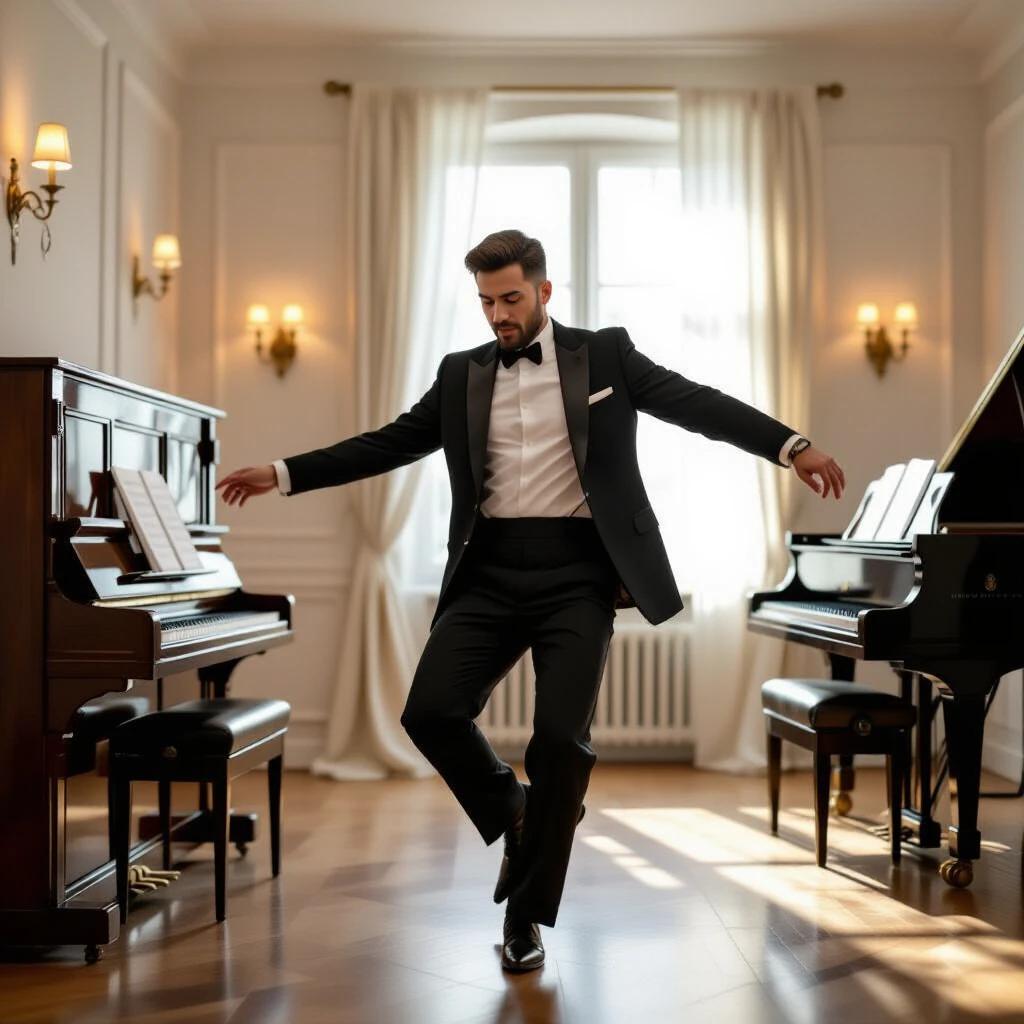 A man dances elegantly on a grand piano. He wears a tuxedo and showcases dynamic movement. The setting features classical interior design with pianos and natural light in a spacious room.