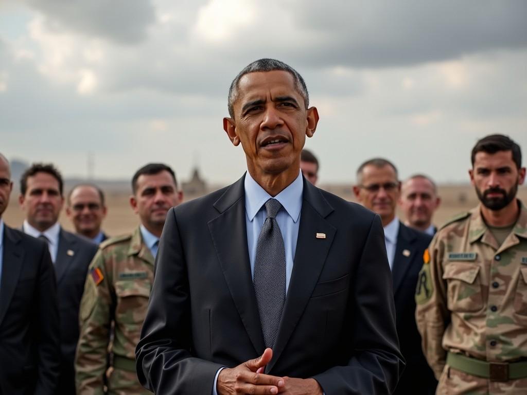 The image depicts a notable figure delivering a speech in front of a group of individuals. The setting appears to be outdoors, likely in a military context given the presence of service members. The speaker, dressed in formal attire, is addressing an audience composed of both military personnel and civilian officials. The atmosphere seems serious, reflecting the weight of the message being conveyed. The background features a landscape that adds context to the scene, likely related to defense or international relations.