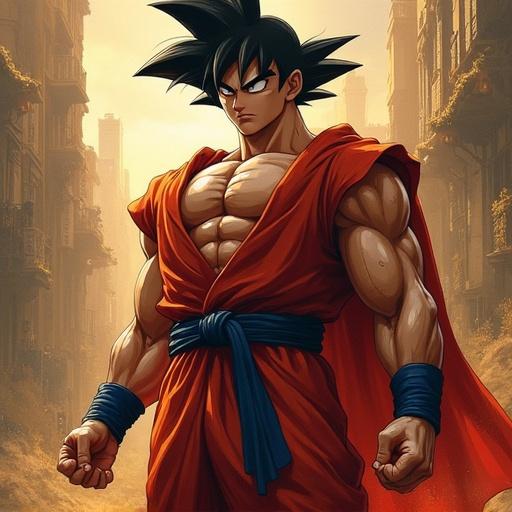 Character with black hair and muscular build standing in orange attire with blue belt in a city setting.