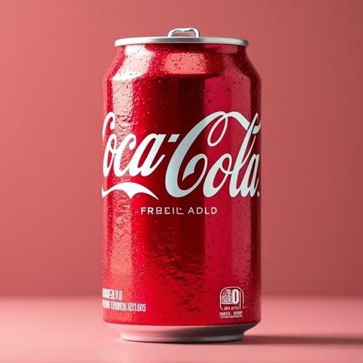 A fresh cold Coca-Cola can with a personalized Nova logo. The can is red with condensation droplets, placed against a soft pink background.
