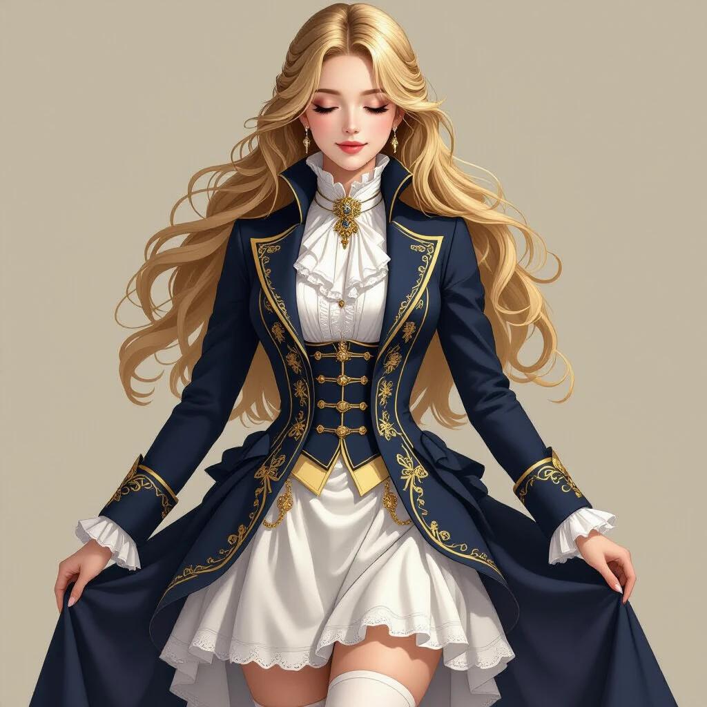 A beautiful young woman with long golden-blonde hair and delicate features. Her eyes are closed in a peaceful expression. She wears a deep navy blue Victorian coat with gold embroidery, a white petticoat, white thigh-high stockings, and elegant dark blue boots. The high-collared white blouse has ruffles and a gold brooch. The overall appearance evokes an aura of a noble sorceress.