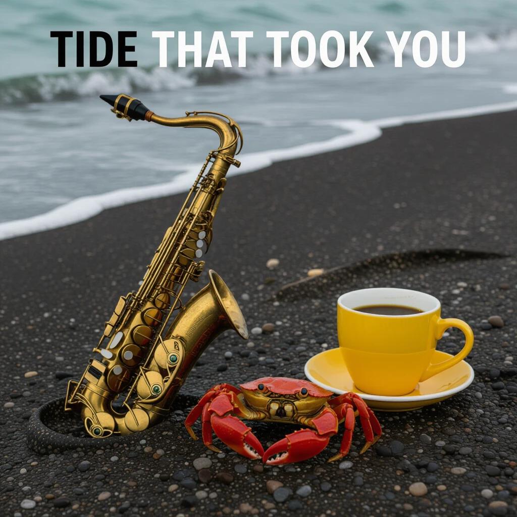 Old saxophone left on beach. Crab emerges from saxophone. Yellow cup of coffee nearby. Dark sand below. Ocean waves in background. Text saying 'Tide That Took You' at top like a poster. Cinematic style.