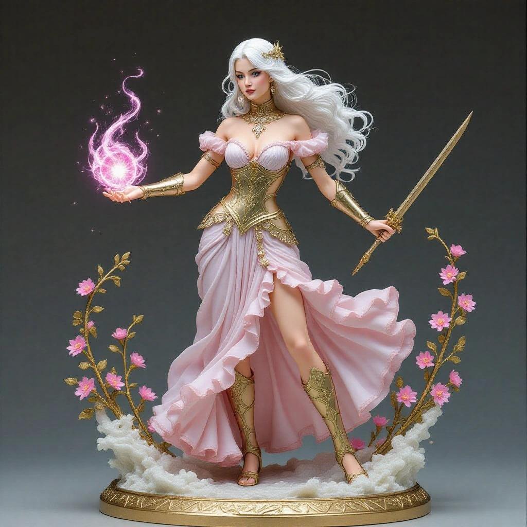Highly detailed resin sculpture of a goddess representing Virgo. A woman with alabaster skin and pure white hair. She wears a light pink ruffled warrior princess dress with gold embroidery. One leg is exposed. She is in a subtle attack pose casting floral magic. She has a delicate flower crown and fine golden jewelry. The base features flower petals.