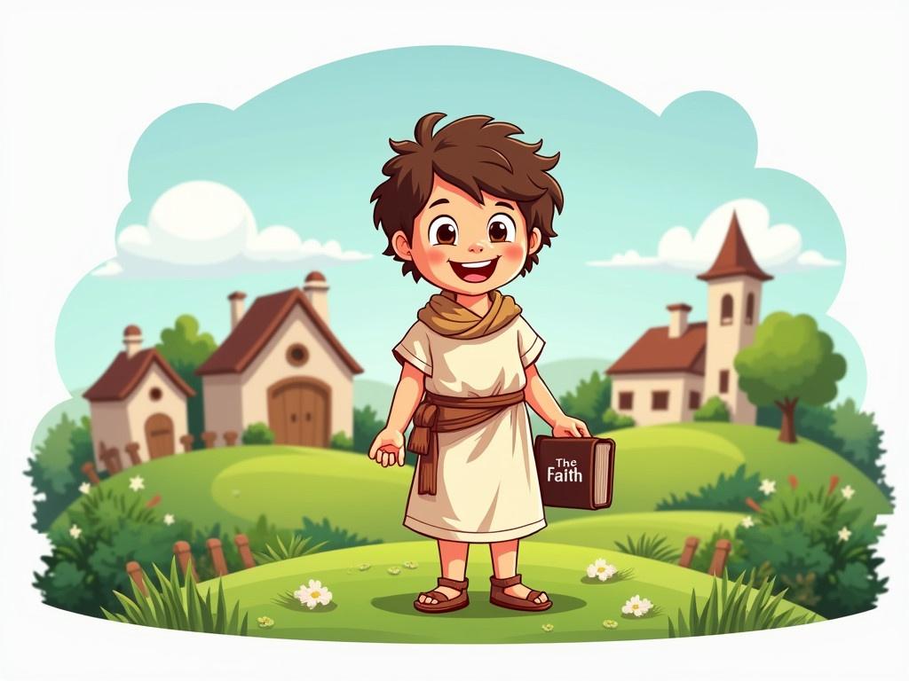 Creating a logo for a YouTube channel called 'The Faith View'. The design features a cheerful cartoon illustration of a young boy, inspired by David from the Bible, standing in lush green pastures. In the background, there is a quaint village that adds to the pastoral scene. David is dressed in traditional shepherd's clothing, embodying a gentle and nurturing spirit. His expression is peaceful and joyful, conveying a sense of happiness. In one hand, he holds a Bible, symbolizing his faith and connection to God. The text 'The Faith View' is integrated into the illustration, complementing the overall theme.