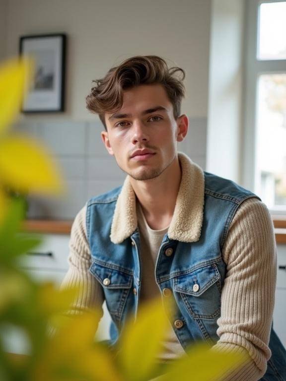 Photo of young man sitting indoors in casual outfit. Features denim vest with beige shearling collar and beige ribbed sweater. Man has short brown hair, fair skin, and light stubble. Background includes white cabinets and window. Blurred green and yellow leaves in the foreground. Natural light creates soft shadows.
