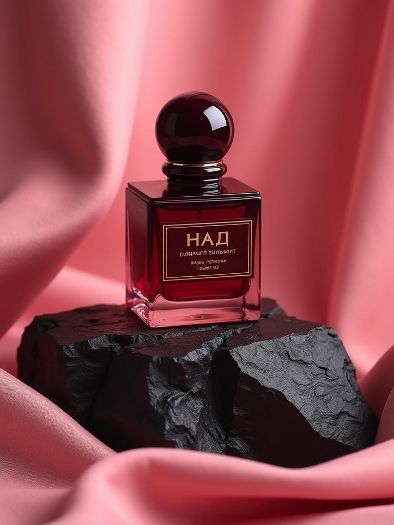 Perfume bottle on black rock. Luxurious design. Deep red color, classic shape. Soft pink fabric background. Soft diffused lighting highlights contours. Label reads 'Маринаs Прадакшн кастинг ворлд'. Essence of elegance and beauty.