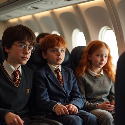 Three children on an airplane. They are wearing clothing similar to a magical school. They have expressions of curiosity and excitement. The airplane interior is visible, with rows of seats and windows.