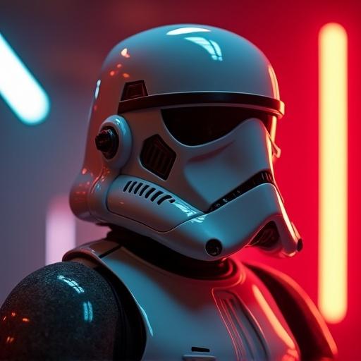 Stormtrooper in a cinematic setting with reflections. Close-up image features depth of field with blurred background lights. Captured in vibrant lighting.