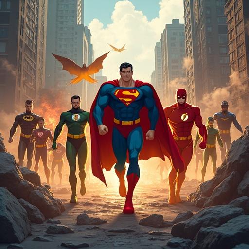 Epic scene in the DC Comics universe featuring Justice League characters in a battle in Metropolis with destroyed buildings. Heroes include Superman, Batman, Wonder Woman, Flash, Green Lantern and more facing an army created by villain Mordru. In the background, a mystical battle occurs between Sandman and colossal Mordru, respecting the animated series style of Justice League Unlimited.
