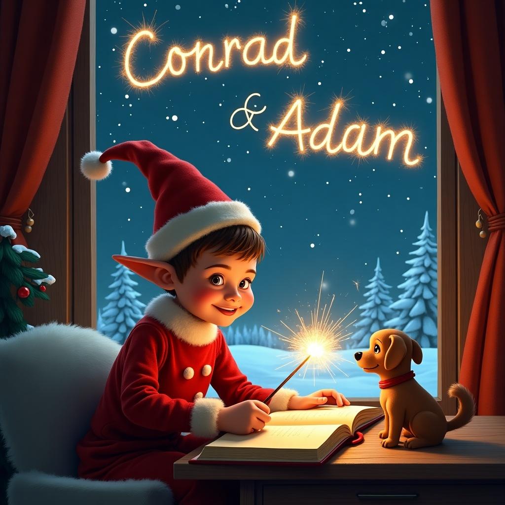 An elf in a red outfit with a pointy hat sits at a cozy window. The scene is lit by a starry night sky. Happily writing in a book with a sparkler as a magic wand. Beside him, a small dog watches the sparkler glow. Outside landscape is snowy. The elf’s expression reflects delight and concentration. He writes the names 'Conrad' and 'Adam' in the sky with sparkler light.