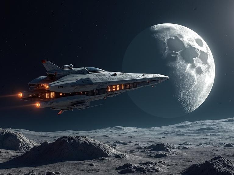 View of a spaceship arriving at the moon in a dramatic cosmic scene.