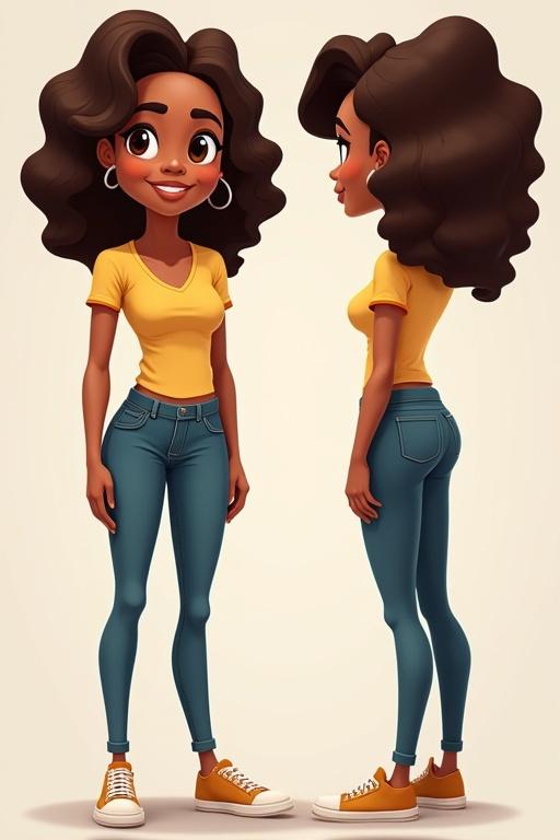 A female cartoon character stands in a T-pose with front and side views. Character features brown hair. Outfit includes a yellow t-shirt and blue jeans. She has a stylish appearance typical of a Lagos Nigerian street girl. The character looks to be in her mid 20s.