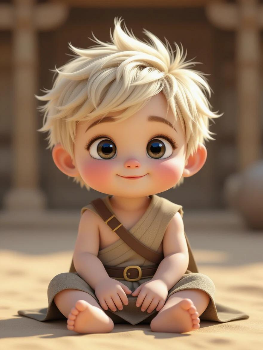 0 years old baby boy in ancient background with fluffy blonde hair. Round face with big bright eyes. Small nose. Character sits in front view in 3D cartoon style.