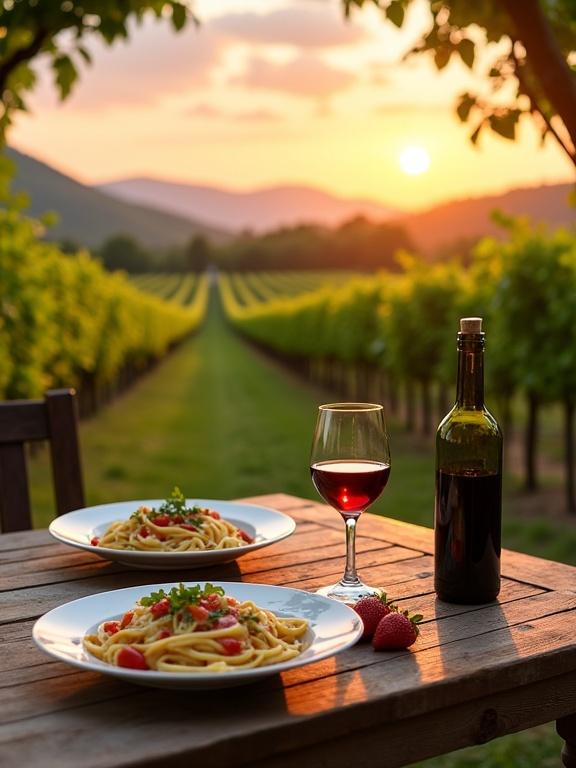 A scenic outdoor dining setup in a vineyard during sunset. A wooden table is set with two plates of pasta and drinks. One plate has spaghetti with creamy sauce and tomatoes. The other plate holds fresh strawberries. A glass of red wine is on the table with a bottle beside it. The background features rows of grapevines and hills under a warm sunset sky. Tree branches frame the image creating a natural atmosphere. Warm colors dominate the scene.