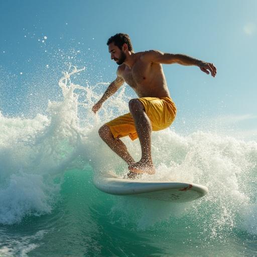 Man surfing on a wave in the ocean while wearing yellow swim trunks.