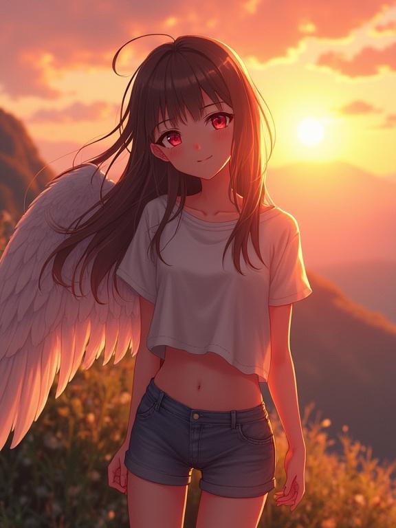 Anime girl with long brown hair red eyes wearing a cropped shirt and shorts. Girl has angel wings and a happy smile standing in front of a sunset over mountains. Scene has cinematic lighting with vibrant colors and intricate details.