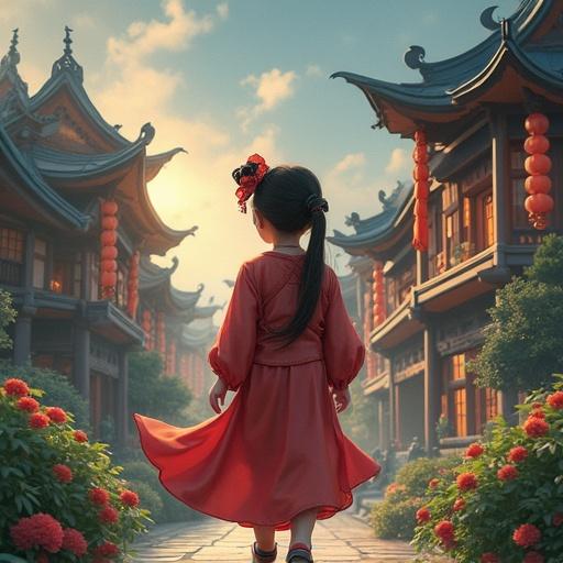 A young girl wearing a red dress stands in a traditional Chinese village. The scene features intricate wooden architecture and vibrant flowers. Soft warm light illuminates the background, creating an enchanting atmosphere.