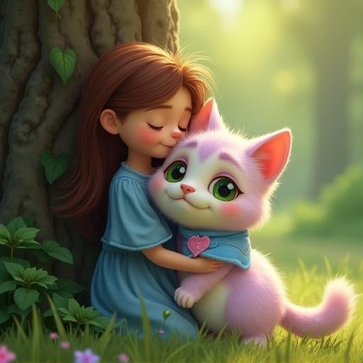 Woman in blue dress hugs baby near tree. Fluffy anthropomorphic kitten with pastel pink and lavender fur beside her. Kitten has large green eyes and light blue bandana with pink heart. Light beams filter through green canopy.