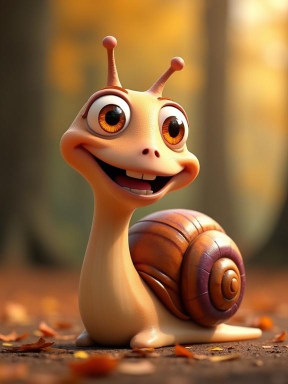 Whimsical cartoon snail character with exaggerated features and joyful expression. Large eyes, wide smile, and a colorful shell in a warm autumn background. Happy and engaging pose, designed to appeal to children.