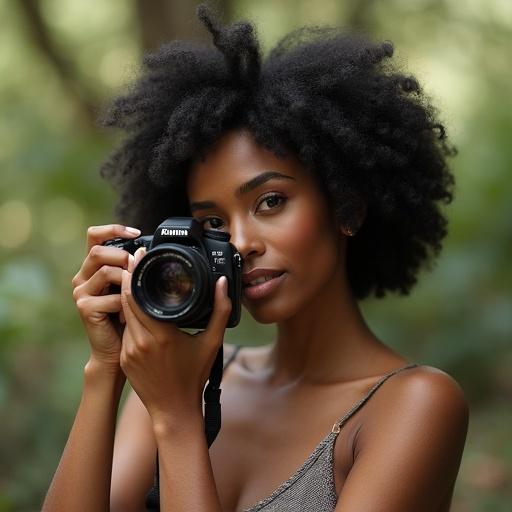 Realistic portrait of a woman with Latin features. Black hair and brown skin. Full body shot with a camera. Taking a photograph outdoors in nature.