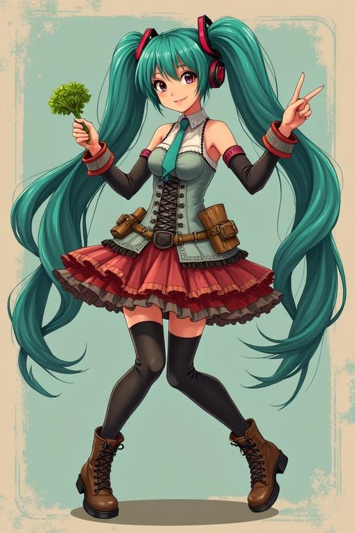 Hatsune Miku wears a dieselpunk dress. She holds a celery in her left hand. She makes a peace sign with her right hand. She dances and sings karaoke.