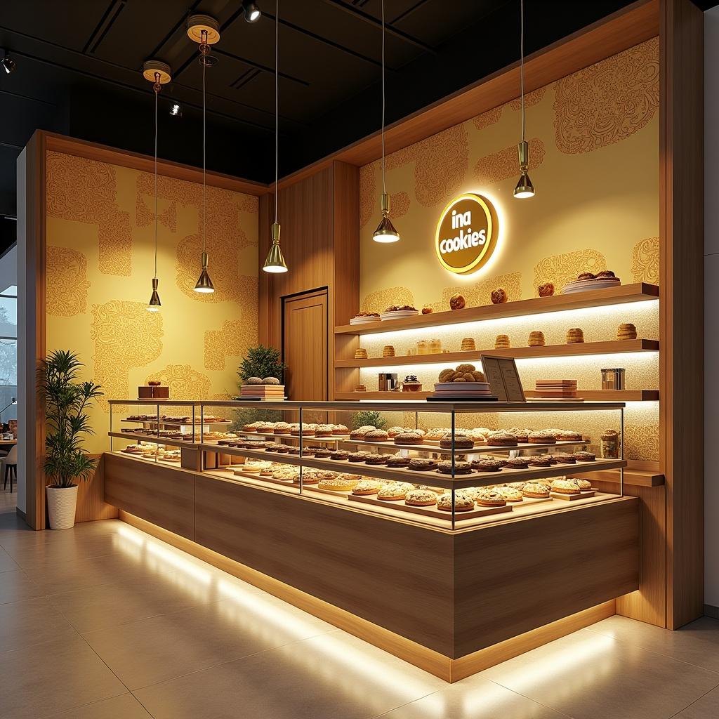 The image depicts a beautifully designed small bakery named Ina Cookies. It combines elegance with traditional Indonesian values. The store features a soft gold and ivory color palette, with natural wood and metallic accents. A pastel batik mural adorns the main wall, creating a sophisticated backdrop. The display case filled with cookies is highlighted by gentle LED lighting. Elegant hanging lamps inspired by Indonesian motifs add charm. There's also an interactive social media wall designed like a giant cookie jar. The warm lighting and soft instrumental music enhance the inviting atmosphere, making customers feel at home.