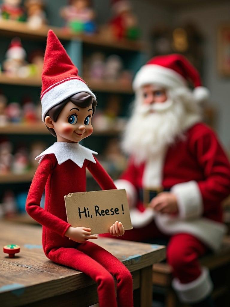 Elf on the shelf in traditional red outfit with white trim and white collar is holding a sign that says ‘Hi, Reese!’ and sitting with Santa in toy workshop with toys being made in the background.