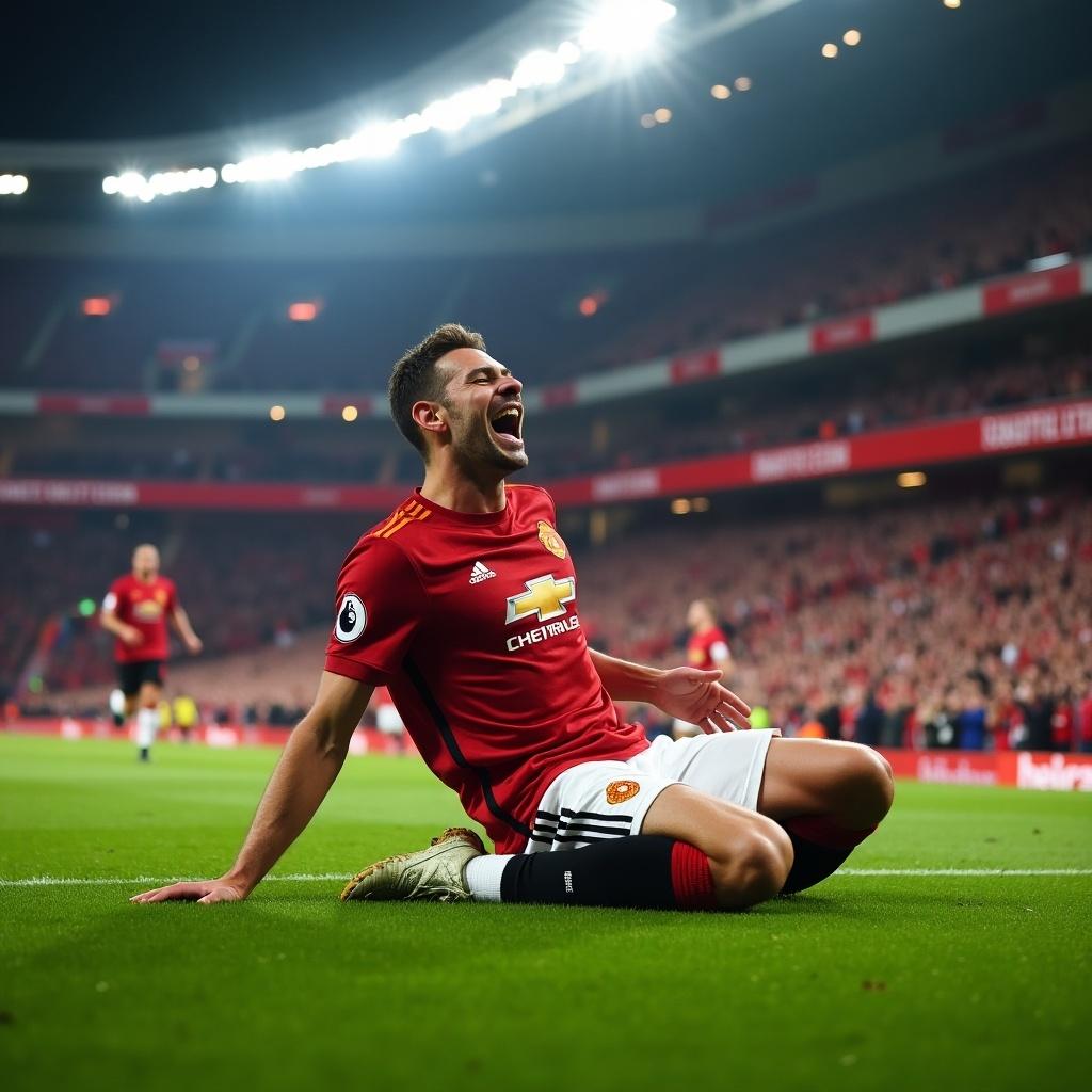 The image shows a soccer player in a Manchester United uniform celebrating a goal on the field. The player is joyfully sliding after the achievement. A vibrant stadium filled with cheering fans is in the background. Bright lights illuminate the scene, enhancing the atmosphere of excitement.