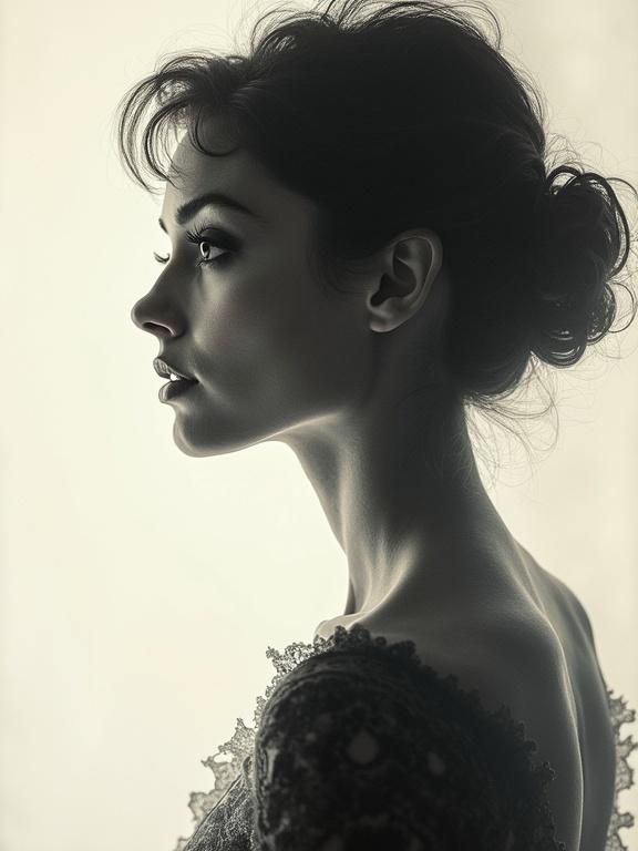 A side profile of a woman with soft lighting. Emphasis on her elegant features. Minimalistic background. Aesthetic appeal is highlighted. Portrait photography style featuring grace and sophistication.