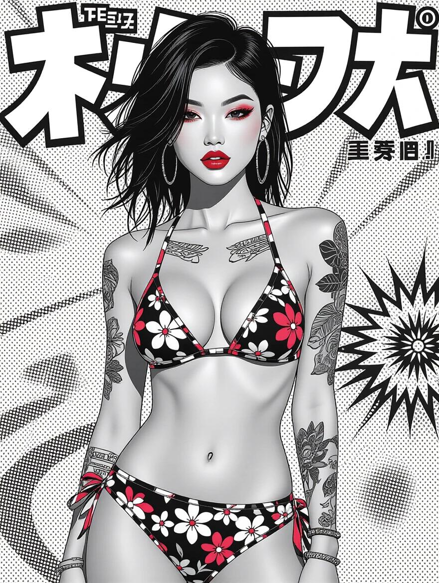 Hot Asian model wears a bright bikini. Model has asymmetric hair and bold makeup. Tattoos are visible on the model's body. The image is in black and white comics style.