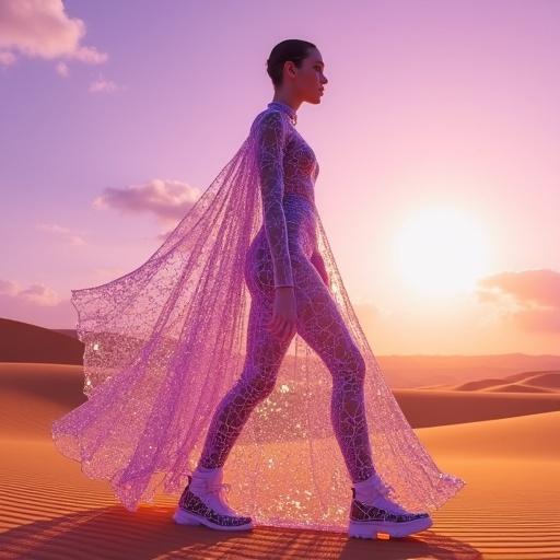 Futuristic fashion model made of shattered glass walking through a golden desert. Scene under a violet sky with surreal reflections and a vogue editorial look. Highly detailed textures. HiDream rendering.
