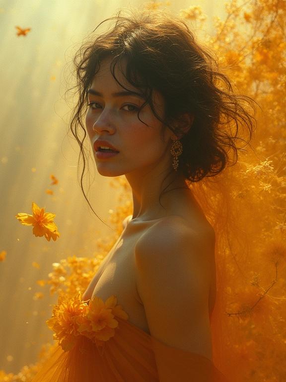A portrait features a figure in a see-through outfit surrounded by yellow flowers. The subject has a captivating expression with an ethereal background. Warm amber and gold colors create a glowing effect. Abstract elements enhance the surreal quality.
