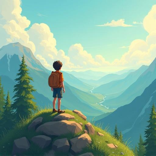 A cartoon style image of a boy at the top of a mountain hill looking into the valley ahead