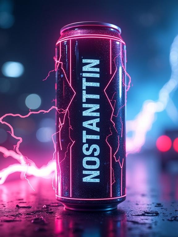 Hyper realistic futuristic energy drink can. Sleek design with vertical text reading 'KONSTANTIN'. Electric circuit design with lighting effects. Background features a silhouette of a car. Epic view showcasing the can.