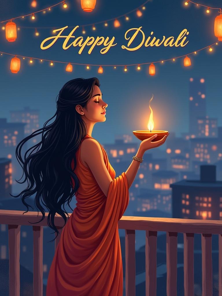 A young woman stands on a balcony. She holds a diya. The woman wears a sari-style outfit. The city skyline is seen at night. String lights hang above creating warmth. The colors are vibrant with a focus on orange and red. A digital painting depicts peace and beauty.