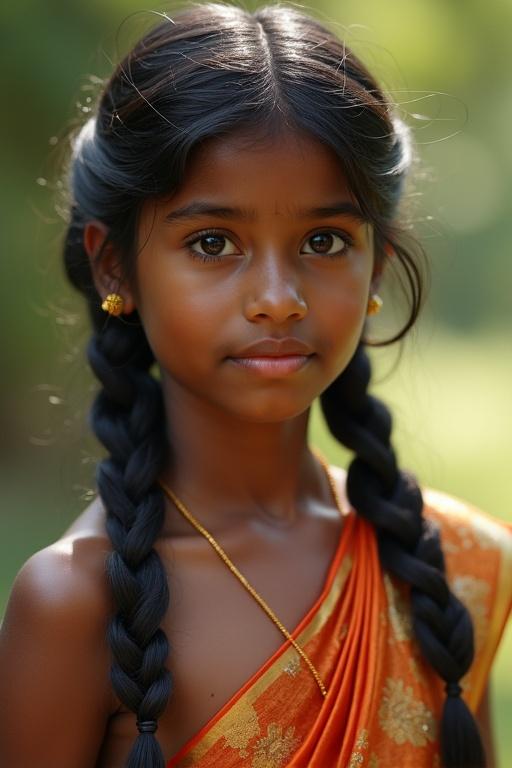 Hyper-realistic image showcases a girl in a traditional Indian saree with long braided hair. The saree is detailed with gold embroidery. Soft natural lighting is present. The background is blurred to maintain focus on the subject's attire and hairstyle.