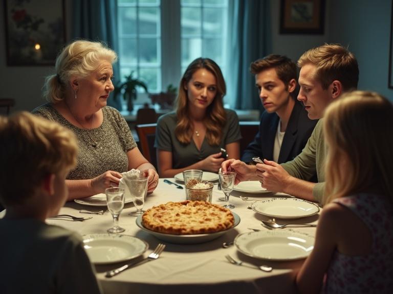 Dramatic dinner scene with a moment of tension. An older woman sits at a table with a pie in front of her. She shows uncertainty. Across from her is a confident woman looking confrontational. A man beside her appears uncomfortable. Two grandchildren nearby. Emotional atmosphere before family confrontation. Cool natural lighting. Camera angle is slightly overhead.