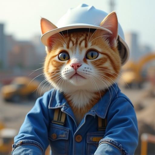 Realistic cat wearing a white safety helmet. Cat is in a blue work uniform. Cat is on a construction site. Cat is about to cry. Cat has teary eyes. Genba Neko style.