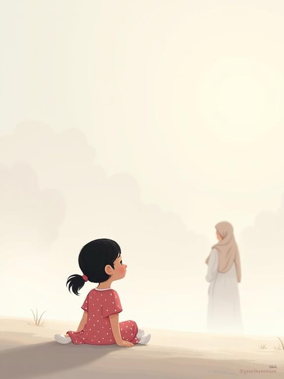 A peaceful and reflective illustration of a young girl named Layla sitting on the ground. She wears a pink polka-dotted dress and white shoes. Her mother is visible in the background, symbolizing connection. The environment is a soft, dreamlike space with grayish-white light. The style is flat and cartoonish, focusing on warmth and gentleness.