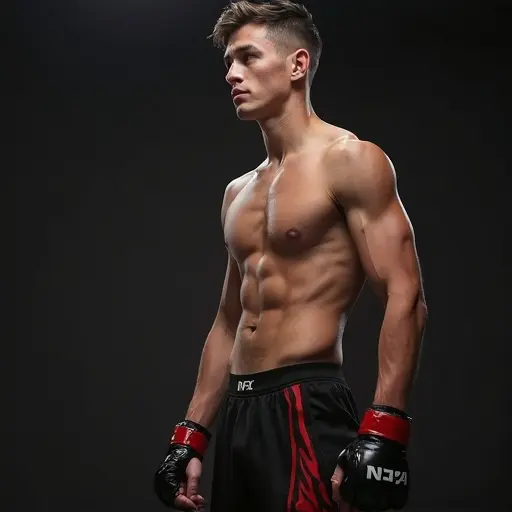 Athletic male martial artist in a profile pose. Tall skinny body with defined muscles. Fighter wearing MMA gloves and athletic shorts. Studio lighting showcases physique. Dark background emphasizes strength and training.