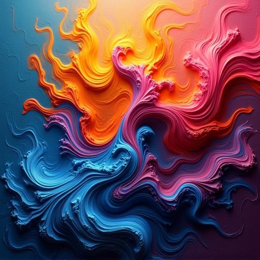 Colorful paint creating a striking and artistic visual. Fluid motion with abstract wave pattern. Artistic abstract painting with swirling patterns and raised textures. Forms appear fluid and organic.