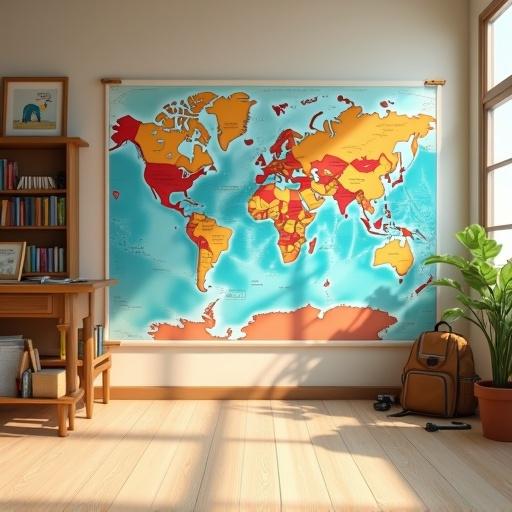 Kids explorer room designed for a 10-year-old boy. Features a colorful world map on the wall. Includes books about dinosaurs and adventure. Displays a small backpack, magnifying glass, and binoculars on the floor. Light wooden floor leads into a clean open space for photography. Soft lighting creates warmth and friendliness.