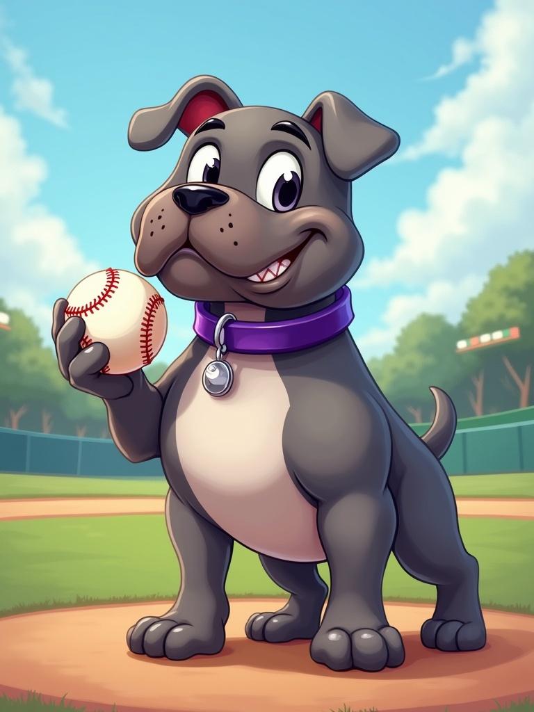 Bulldog in purple collar stands on baseball field. Holds baseball in his paw. Background features small baseball field. Cheerful and friendly character.