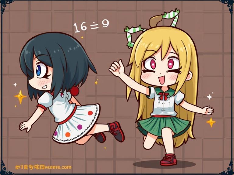 Two anime characters in a playful scene. One character is running while the other is smiling. The colors are vibrant and the style is cute and cartoonish. The characters are in a whimsical setting with fun details.