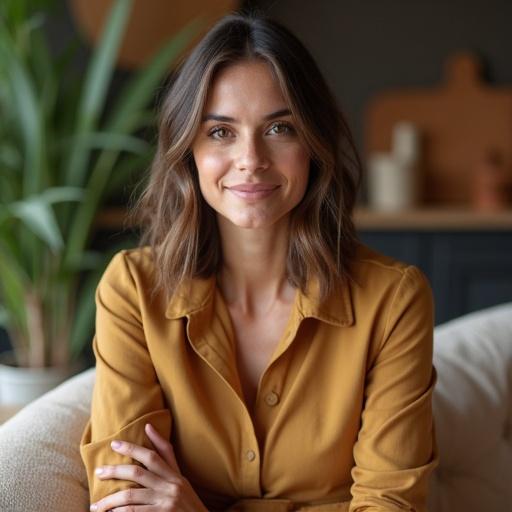 Portrait of a confident individual in a stylish setting. Subject wearing a chic outfit. Soft natural lighting highlighting features. Genuine expression conveying warmth and approachability. Cozy inviting background with soft furnishings and plants.