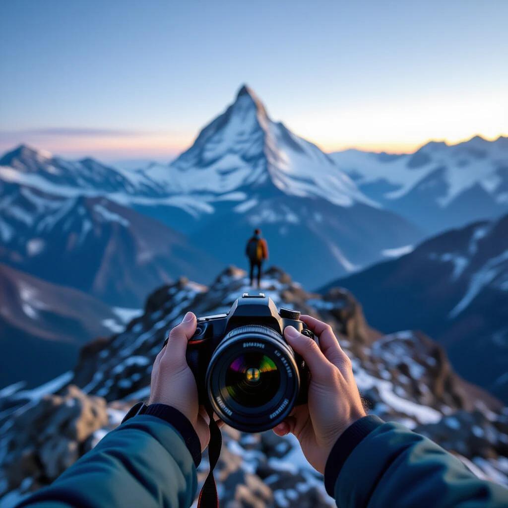 Person standing on a mountain peak, camera with 80mm lens in foreground, twilight hour with soft lighting.